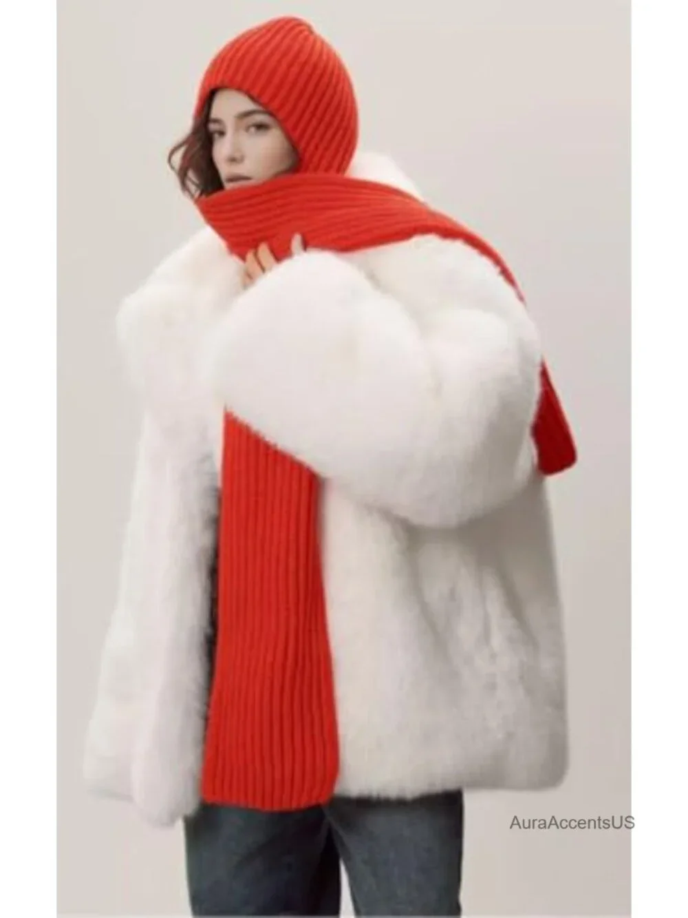 Fuzzy Knit Balaclava 2 in 1 Hooded Scarf Winter Beanie Hat for Women
